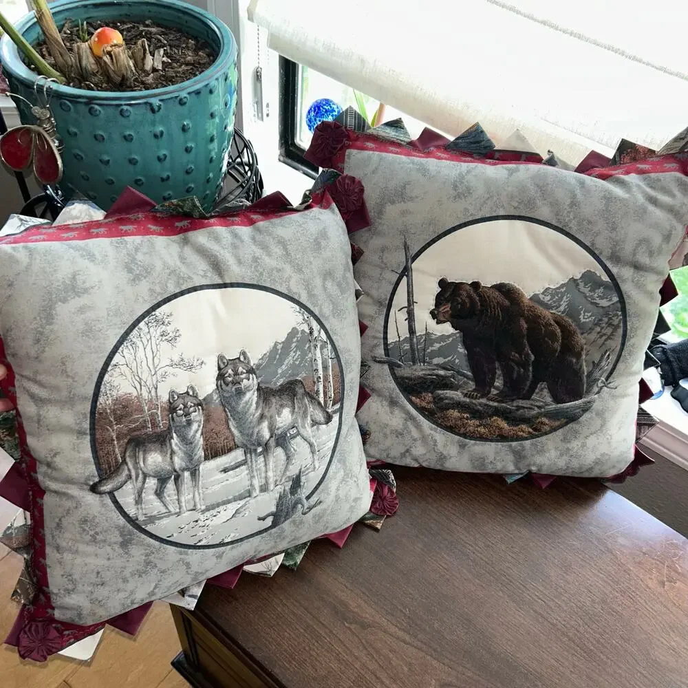 Vintage handmade Pillows Wolves Grizzly Bear Circle rustic cabin country decor